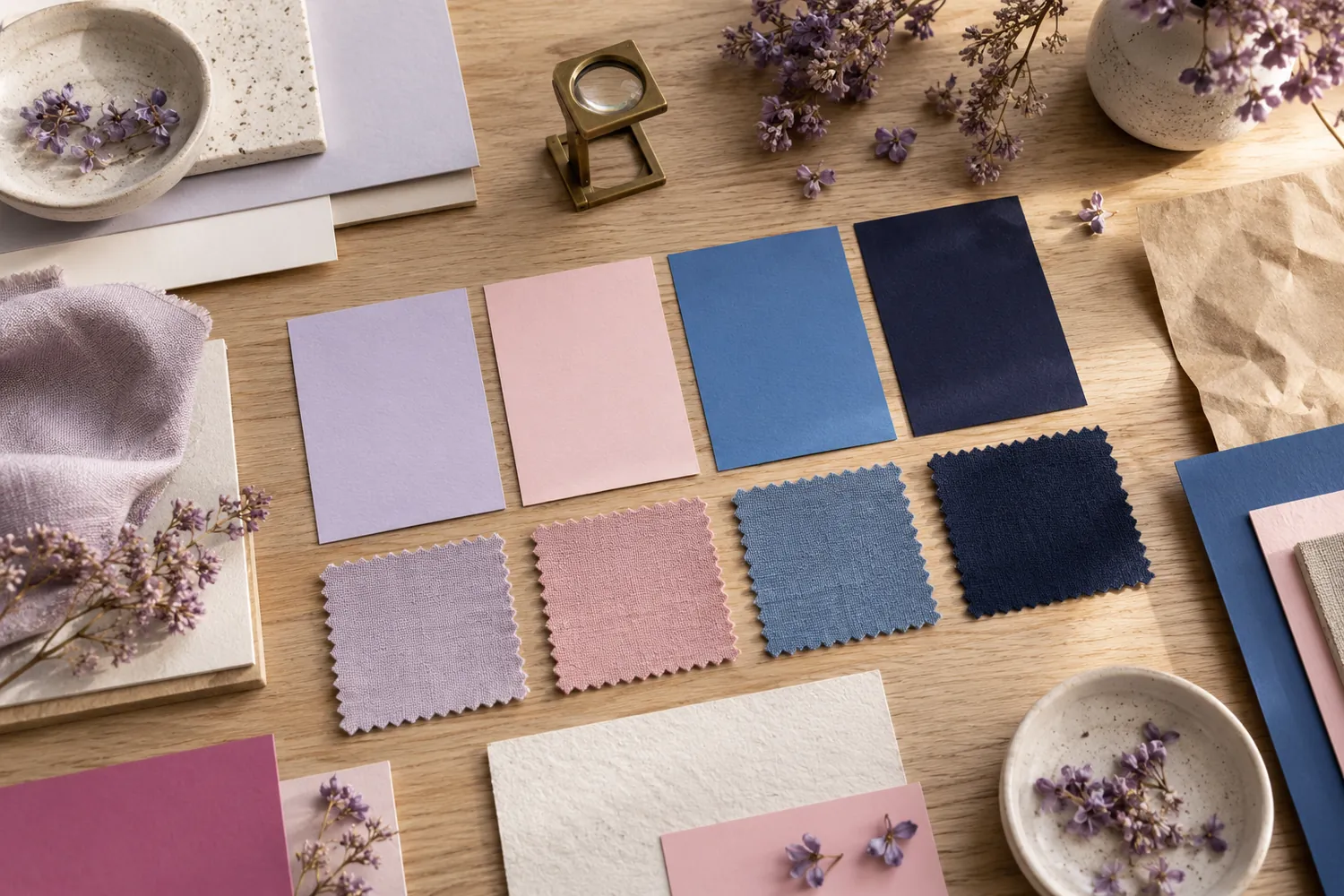 Una paleta de marca con muestras de color, tela y papel sobre una mesa de estudio.