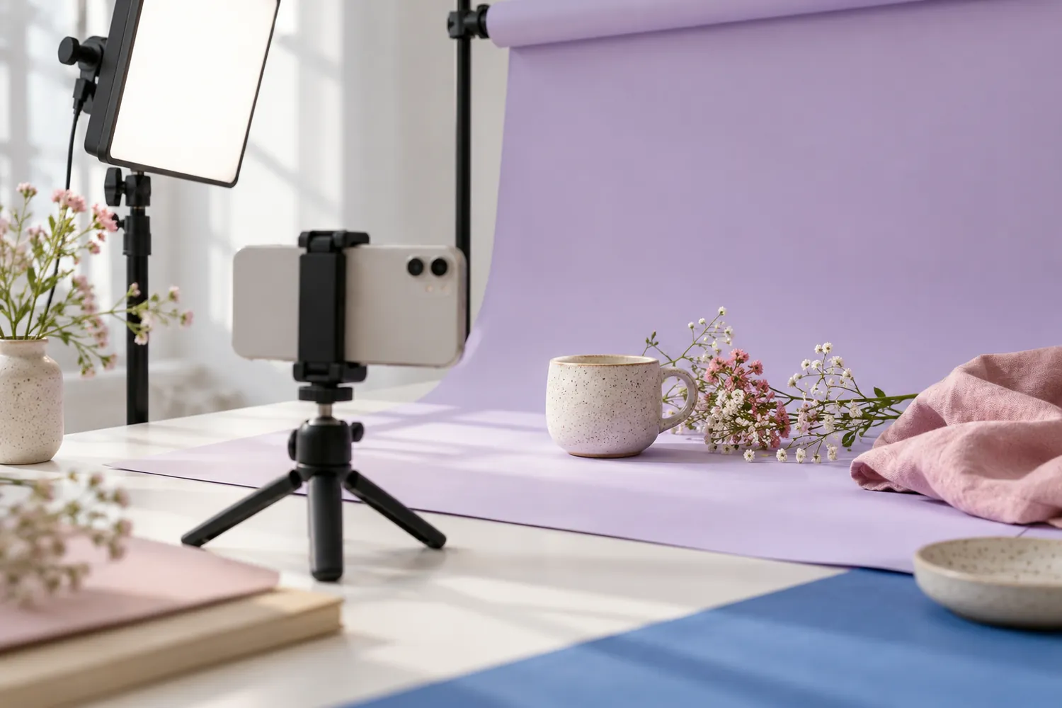 Un teléfono en un trípode pequeño grabando una escena de producto.