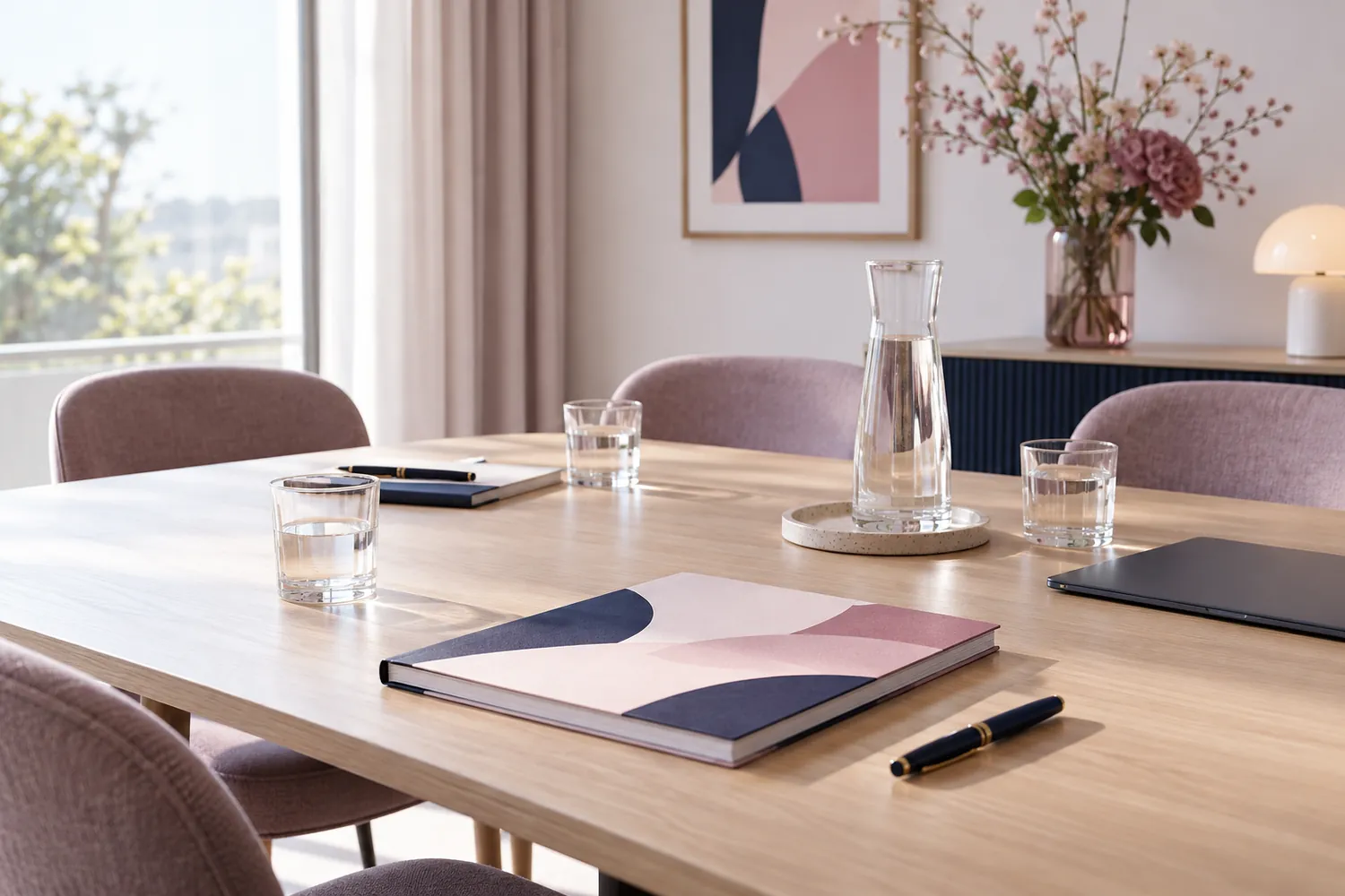 Una mesa de reunión preparada con una presentación impresa.